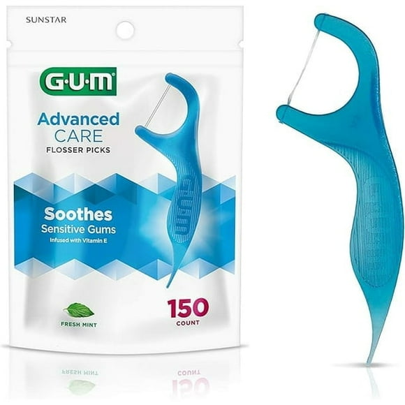 GUM Advanced Care Flosser Picks, Infused with Vitamin E & Fluroide, Fresh Mint Flavour, Blue, 150 Flossers