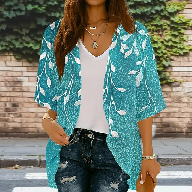 Xuyuer Spring Beach Cover-Up Cardigan - Women's 3/4 Sleeve Casual Shirt for Summer Seaside Outings, Resort Vacations, Breezy Seasonal Layering Top & Coastal Stroll Essentials