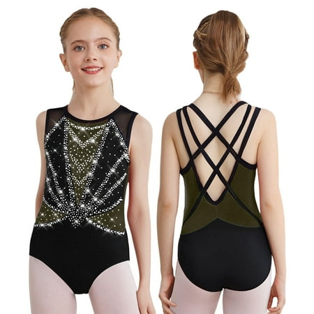 iixpin Kids Girls Sleeveless Gymnastics Leotard Sparkly Dance Bodysuit Cross Back Shiny Ballet Dancewear Black&Gold 6