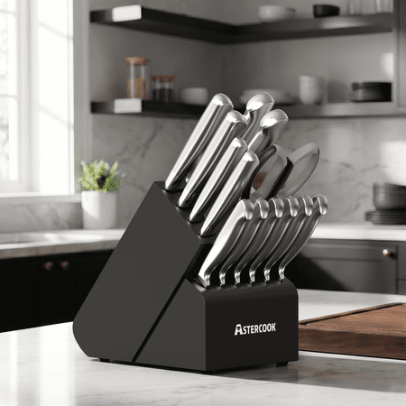 Astercook 16-Piece Knife Set, German Stainless Steel Kitchen Knife Set with Built-in Dual Sharpener, Rust-Resistant Knife Block Set with Ergonomic Handle, Dishwasher Safe Black