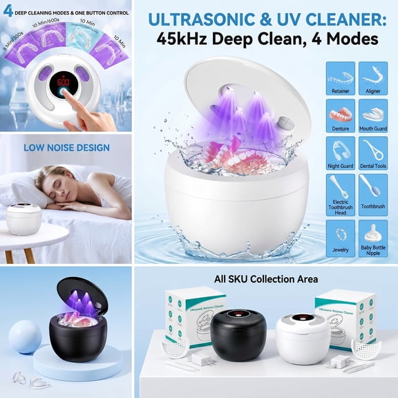 Multi-Use Ultrasonic Unit, Cordless Ultrasonic Cleaner for Dental Appliances, Travel Sized Jewelry Cleaner Solution Bath, Digital Timer Uv Machine, 200Ml White 45Khz Device
