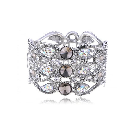 Clear Crystal Rhinestone Bracelet - Fashion Costume Silver Smoke Grey Clear Crystal Rhinestone Cuff Bangle Bracelet