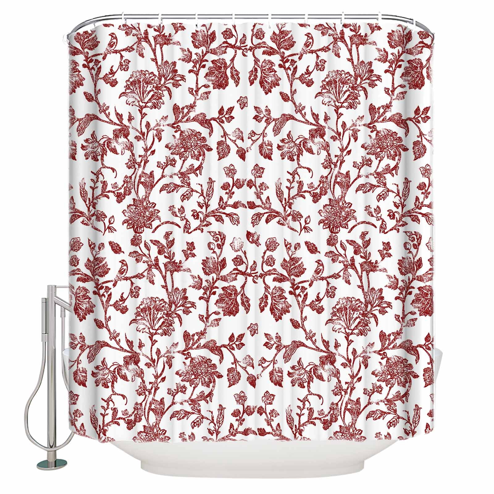 Red Boho Flower Bathroom Curtain 72 Inch Shower Curtain with Hooks, Vintage Paisley Farmhouse Pattern Waterproof Polyester Bath Curtain Washable Bathtub Curtain 48''x 72''