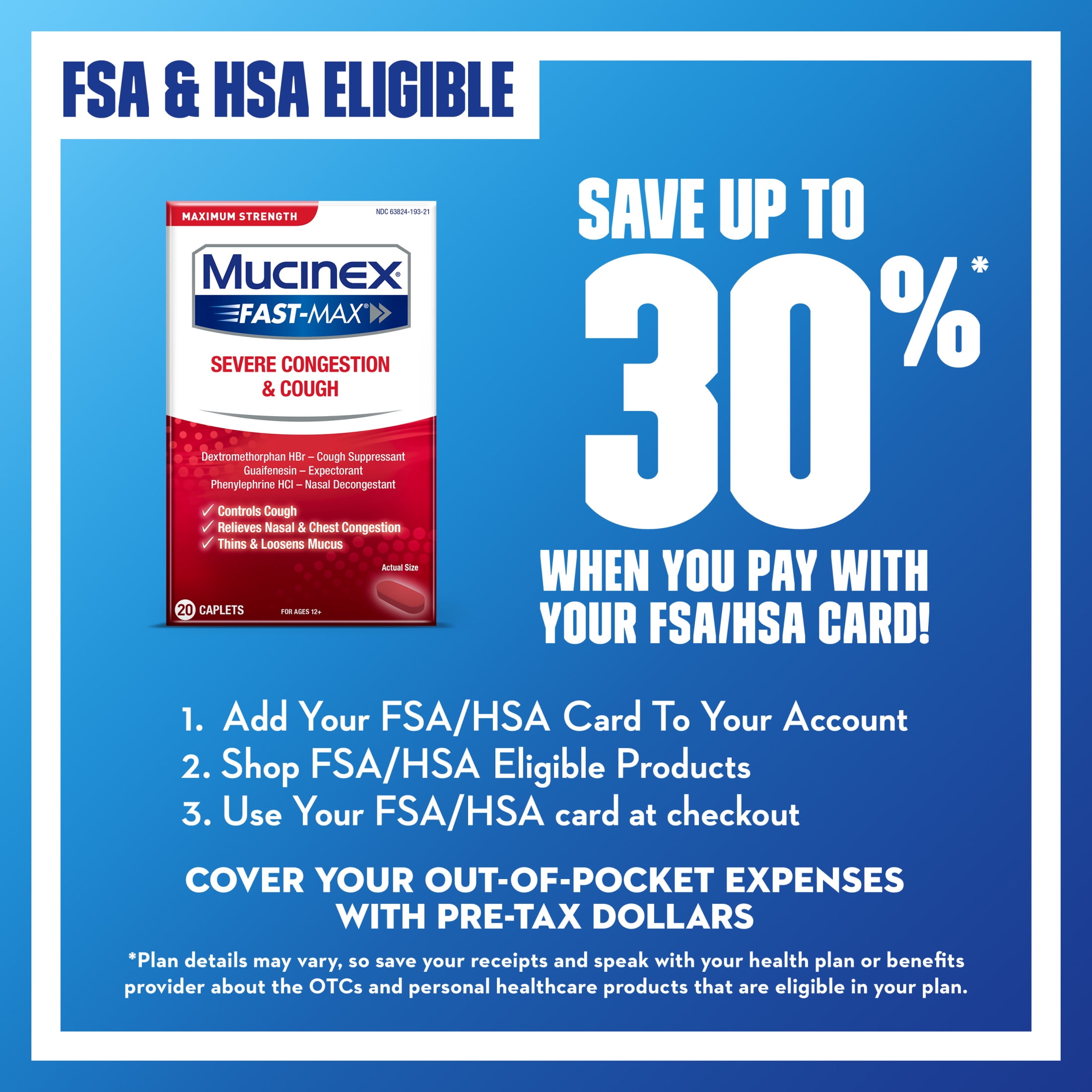 Mucinex Fast-Max Severe Congestion & Cough Medicine, OTC Sinus Nasal Decongestant, 20 Caplets