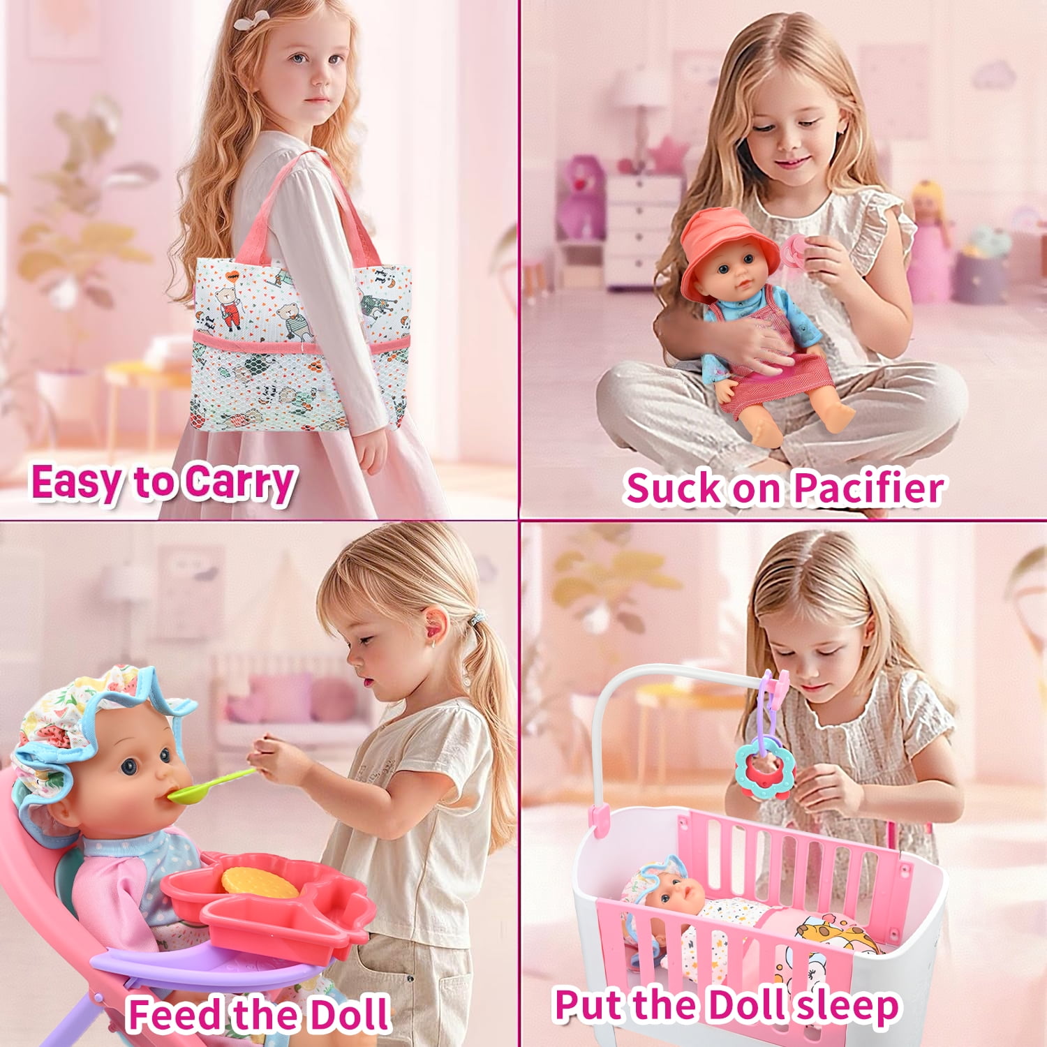 LINXUXIE Baby Doll Crib and High Chair Set, Kids Interactive Pretend Play Toys, Birthday Gifts for 1-3 3-5 5-8 Year Old