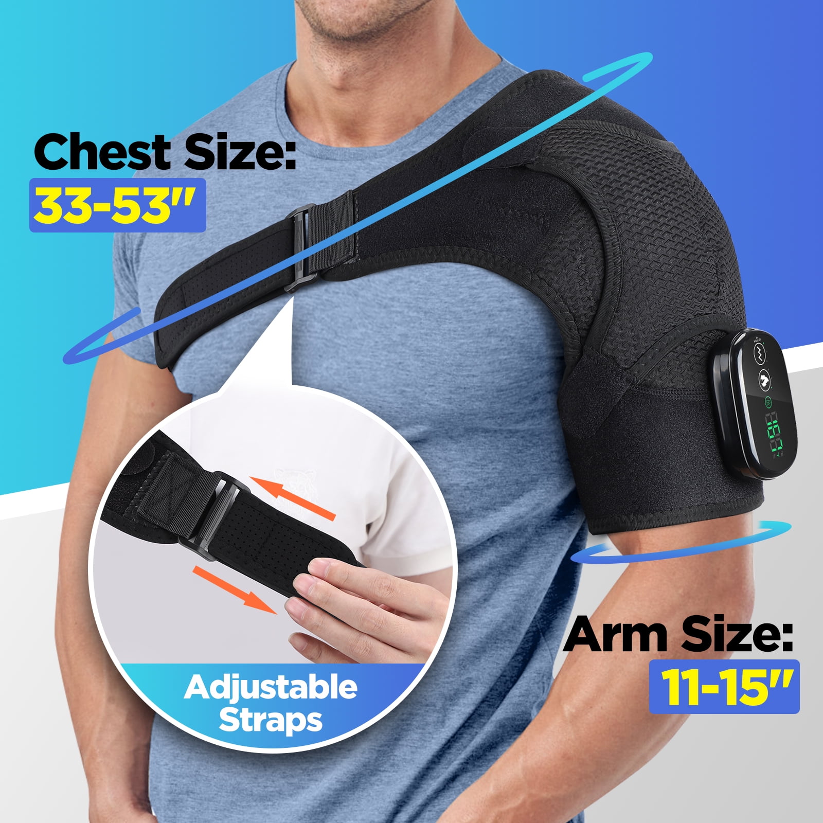 Cordless Heated Shoulder Brace, Shoulder Massager Wrap with 3 Speed Heat & 3 Vibration Massage for Men Women, Electric Shoulder Heating Pad for Relax, Black