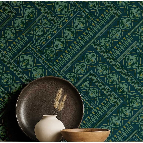 S4Sassy Peel and Stick Wall Covering, Tribal Geometric Print Removable - Asian Style Walls Mural, Instant Wall Makeover for Bathroom, Closet Interior - Self-Adhesive Wallpaper Vinyl - Green, 25"x120"