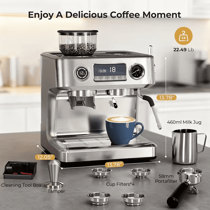 Auseo Espresso Machine with Grinder, Dual Boiler 20 Bar Espresso Machines with Milk Frother Steam Wand, Espresso/Cappuccino/Latte/Mocha, Commercial Espresso Coffee Machines, Stainless Steel