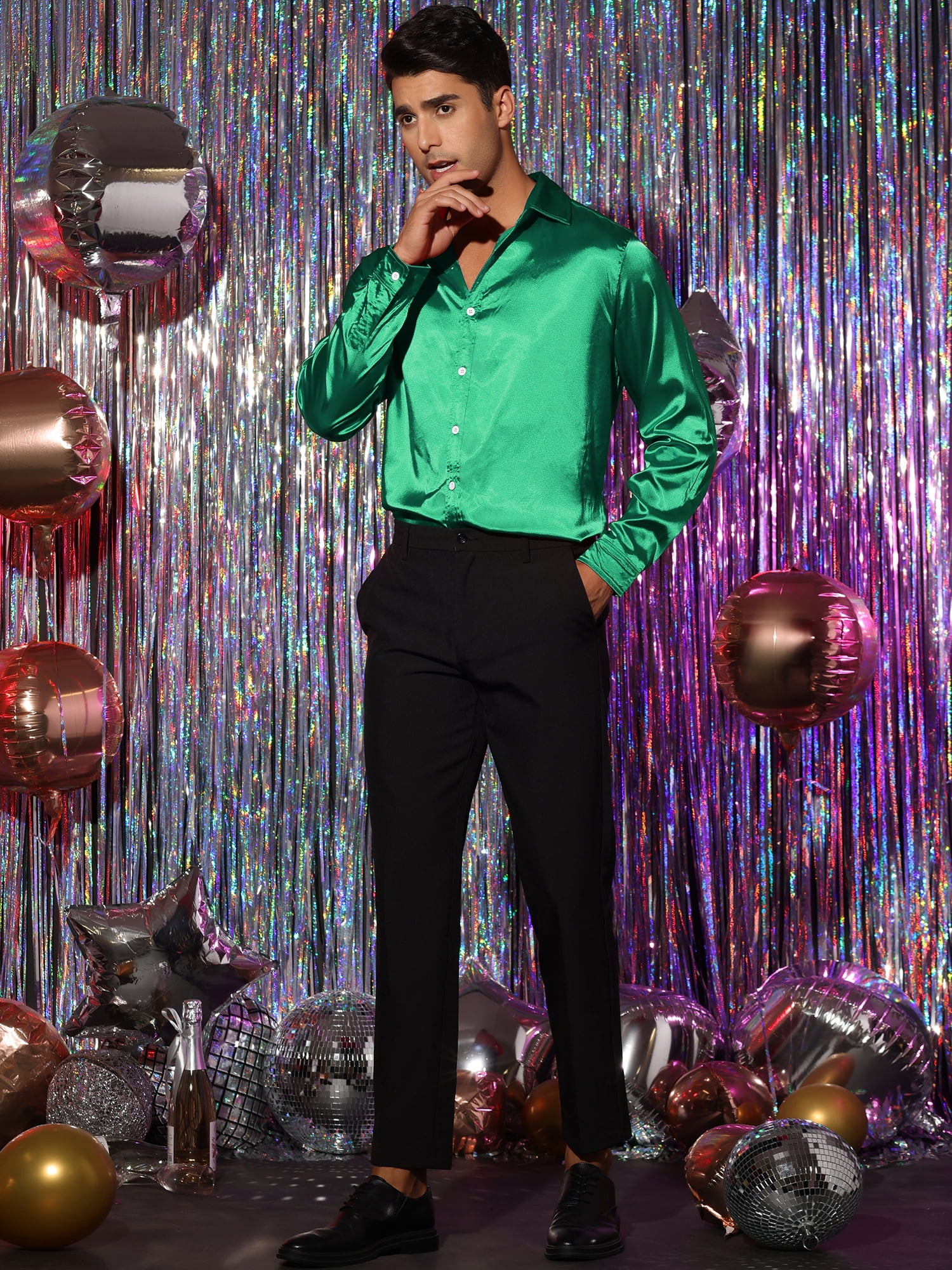 Unique Bargains Men's Satin V Neck Long Sleeves Button Down Prom Shirts 2XL Green
