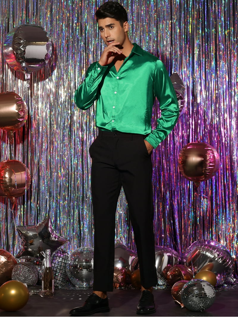 Unique Bargains Men's Satin V Neck Long Sleeve Button Down Dress Shirt M  Green - Walmart.com