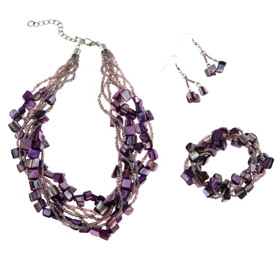 Elegant Purple Torsade Jewelry Set - Multi-Strand Necklace, Stretch Bracelet and Drop Earrings Necklace Bracelet