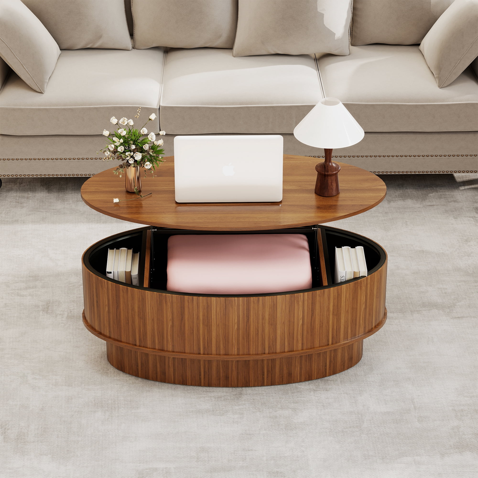 Lift Top Coffee Table with Storage, Mid Century Modern Coffee Table for Living Room, Oval Center Table for Small Space, Walnut