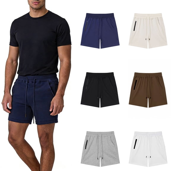 Men's Casual Shorts 5" Inseam Cotton Knit Workout Short Pants with Zipper Pockets, Summer Training Running Basketball Streetwear Short Pants Above Knee Length