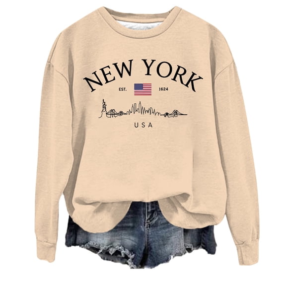 UFOUND Sweatshirt Women Casual Crew Neck Pocket New York City English Letter Printed Pullover Long Sleeve Winter Tops Relaxed Fit Dailywear