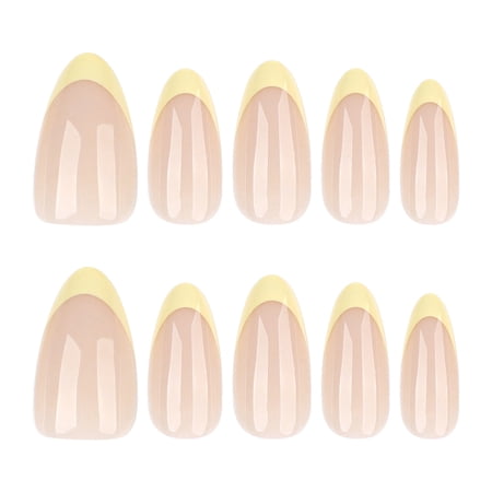 Nude Beige with White French Tip Press on Nails, Medium Almond Glossy False Nails, 24 Count