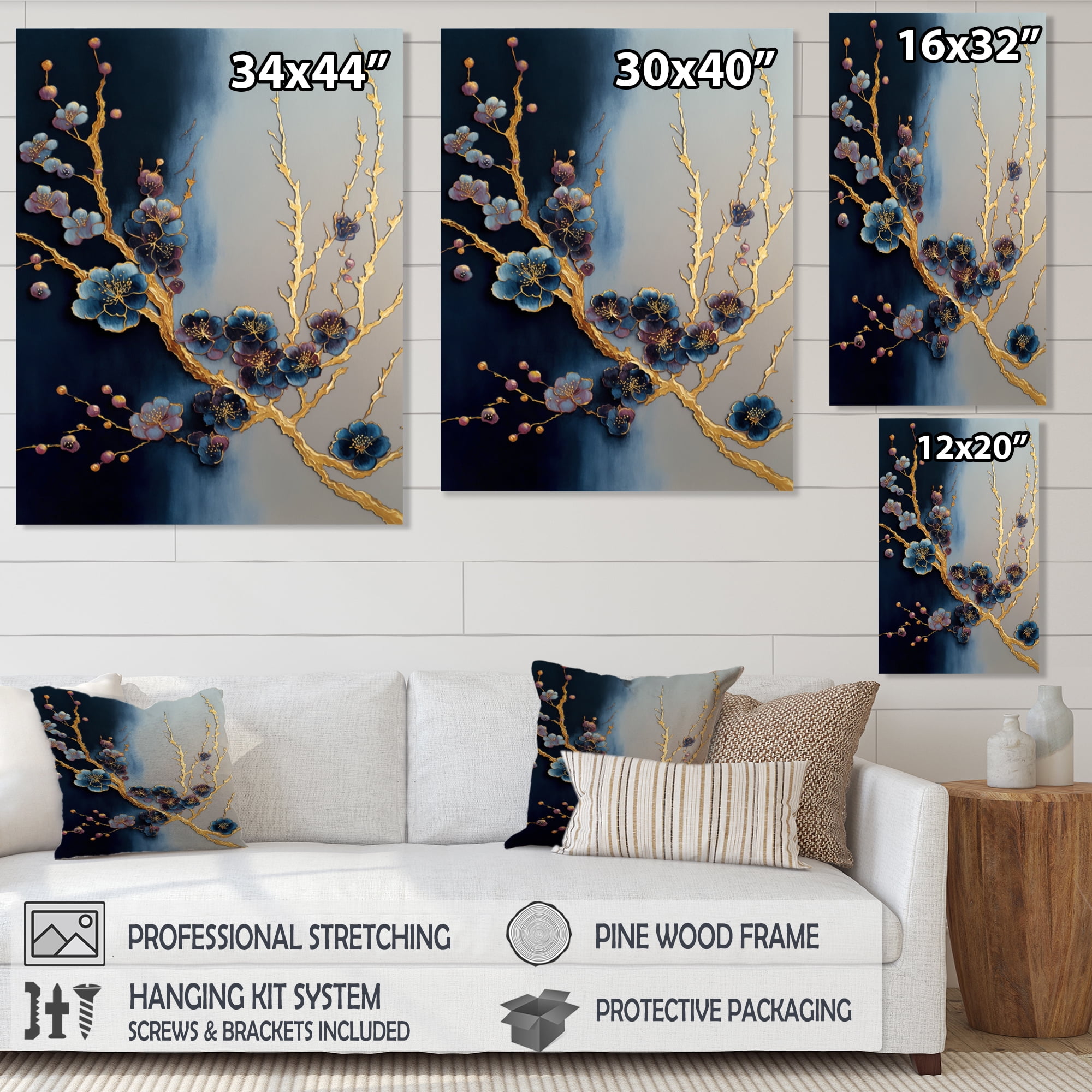 Designart Blue Cherry Blossom Branch II Canvas Wall Art