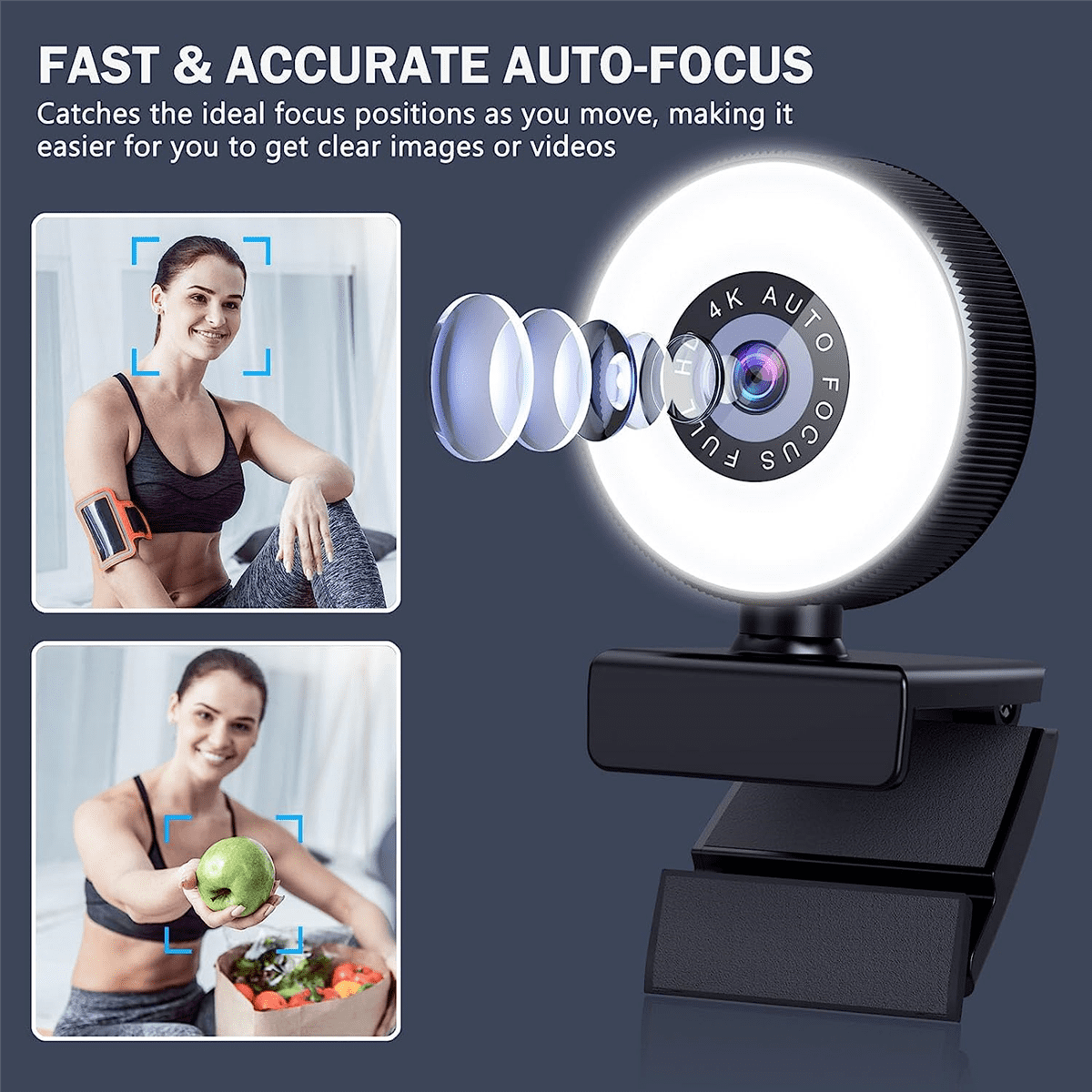 4K HD Autofocus Webcam with Microphone, Adjustable Light Computer Camera USB Webcam for Laptop Desktop Video Calling