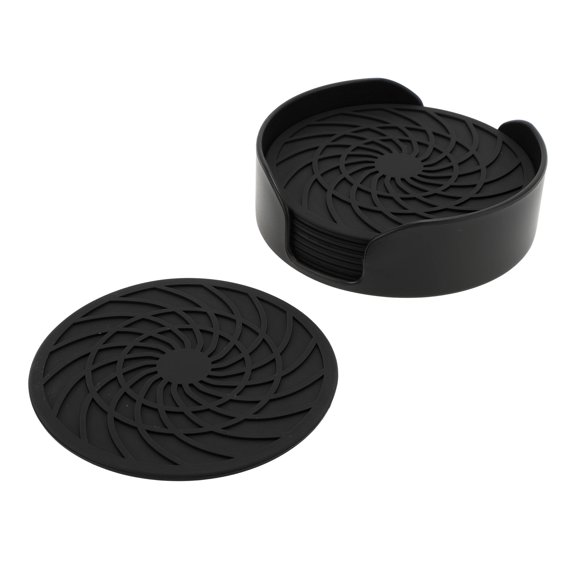 Unique Bargains 1 Set Round Drink Coaster Black Silicone