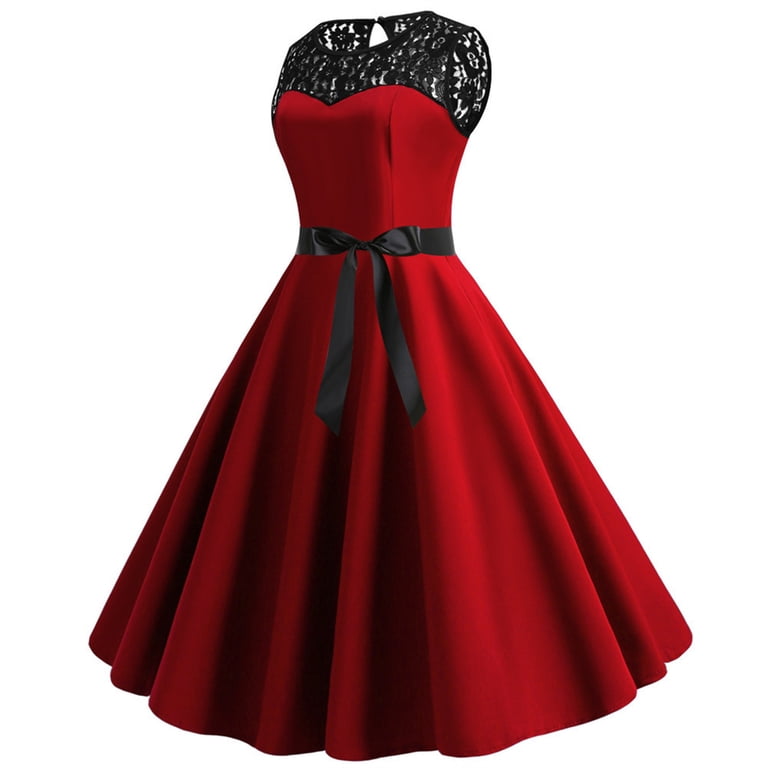 Brglopf Women's 1950s Vintage Rockabilly Swing Dress Crew Neck Floral Lace  Cocktail Party Dress Wedding Prom Evening Dresses Wine Red S - Walmart.com
