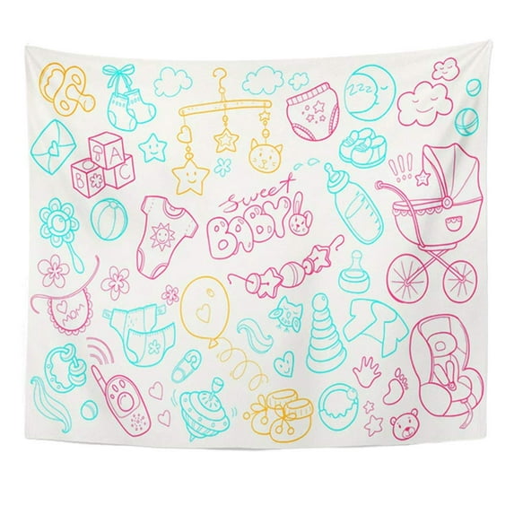 UFAEZU Newborn Infant Cute Doodle Baby Care Feeding Toys Health Stuff Safety Accessories Wall Art Hanging Tapestry Home Decor for Living Room Bedroom Dorm 51x60 inch
