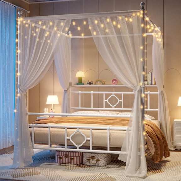 EnHomee Queen Size Canopy Bed Frame with Headboard Canopy Metal Bed Frame with 4 Removable Posts Platform Metal Canopy Bed, Curtain Not Included, White