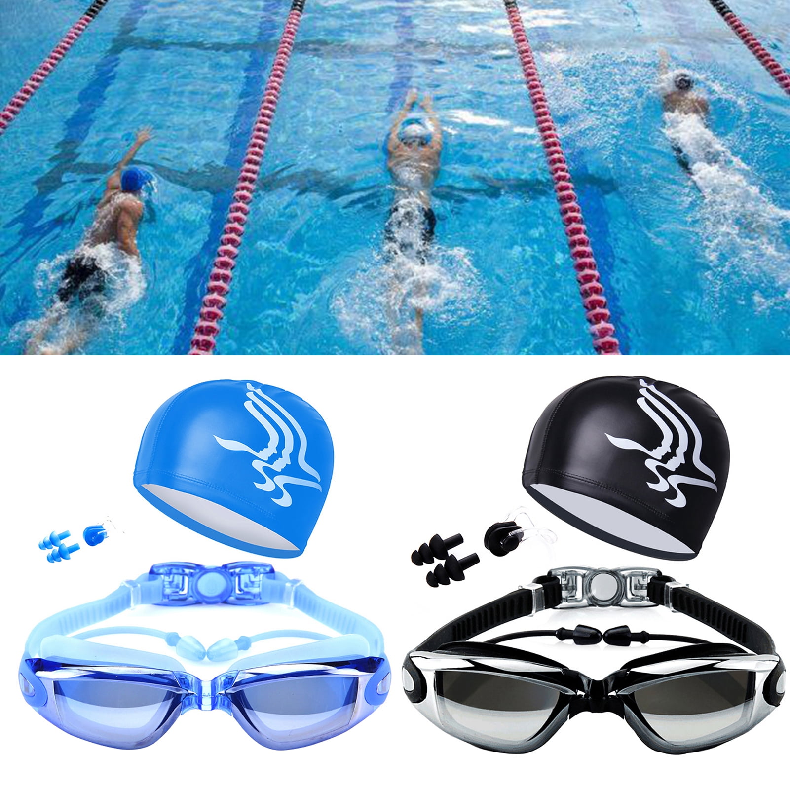 EG_ Swim Goggles with Hat Ear Plug Nose Clip Suit Swimming Glasses Anti-fog Film 