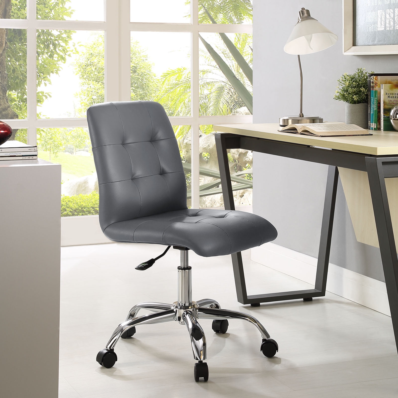 Modway Prim Modern Faux Leather Armless Mid Back Office Chair in Gray