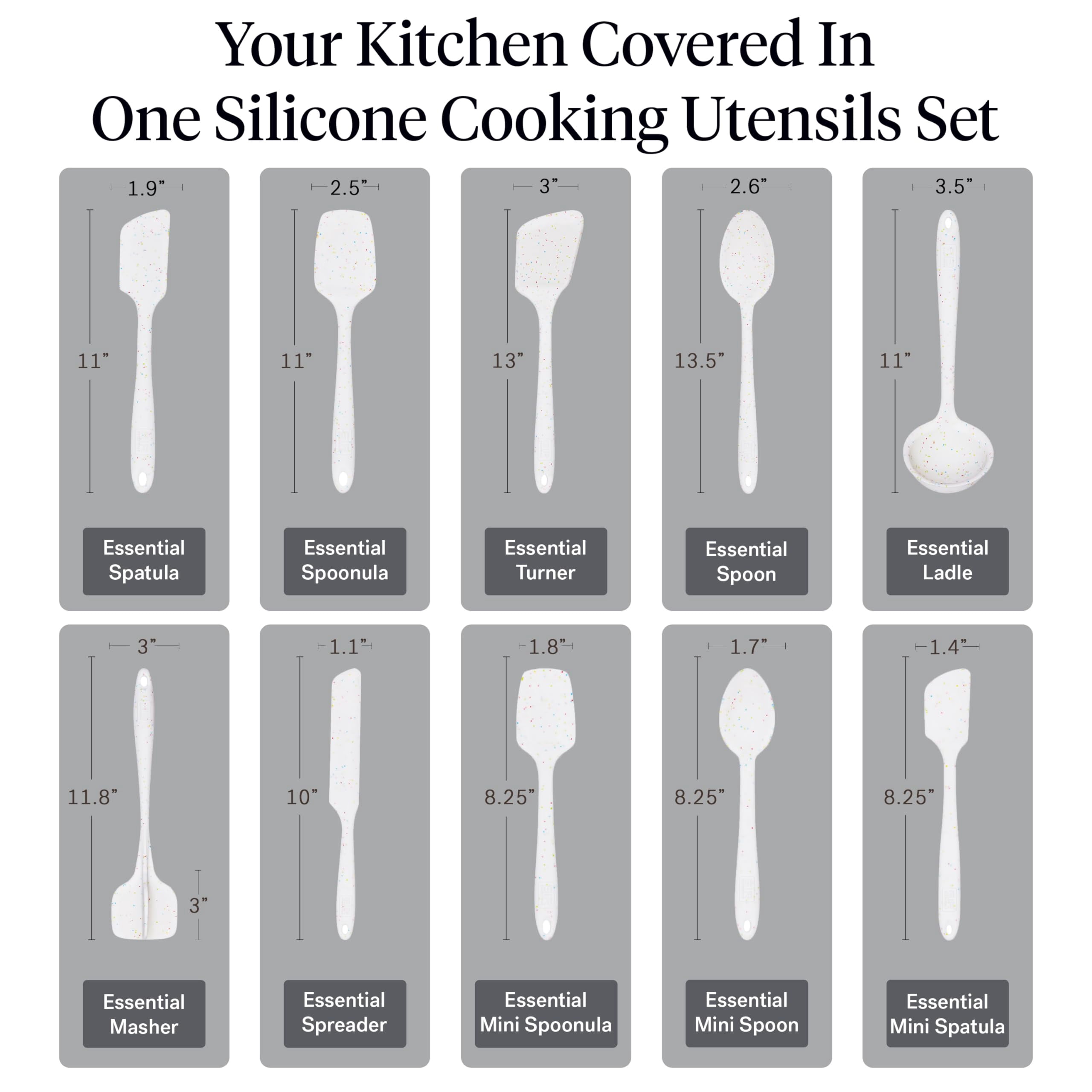 GIR Get It Right 10 Piece Essentials Silicone Cooking Utensils Set Nonstick 425°F Heat Resistant Kitchen Utensils Set for Cooking and Baking, Confetti