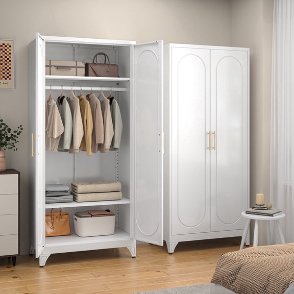 Polup 71" H Adult Metal Armoire Wardrobe Closet with Hanging Rod, Adjustable Shelves, White