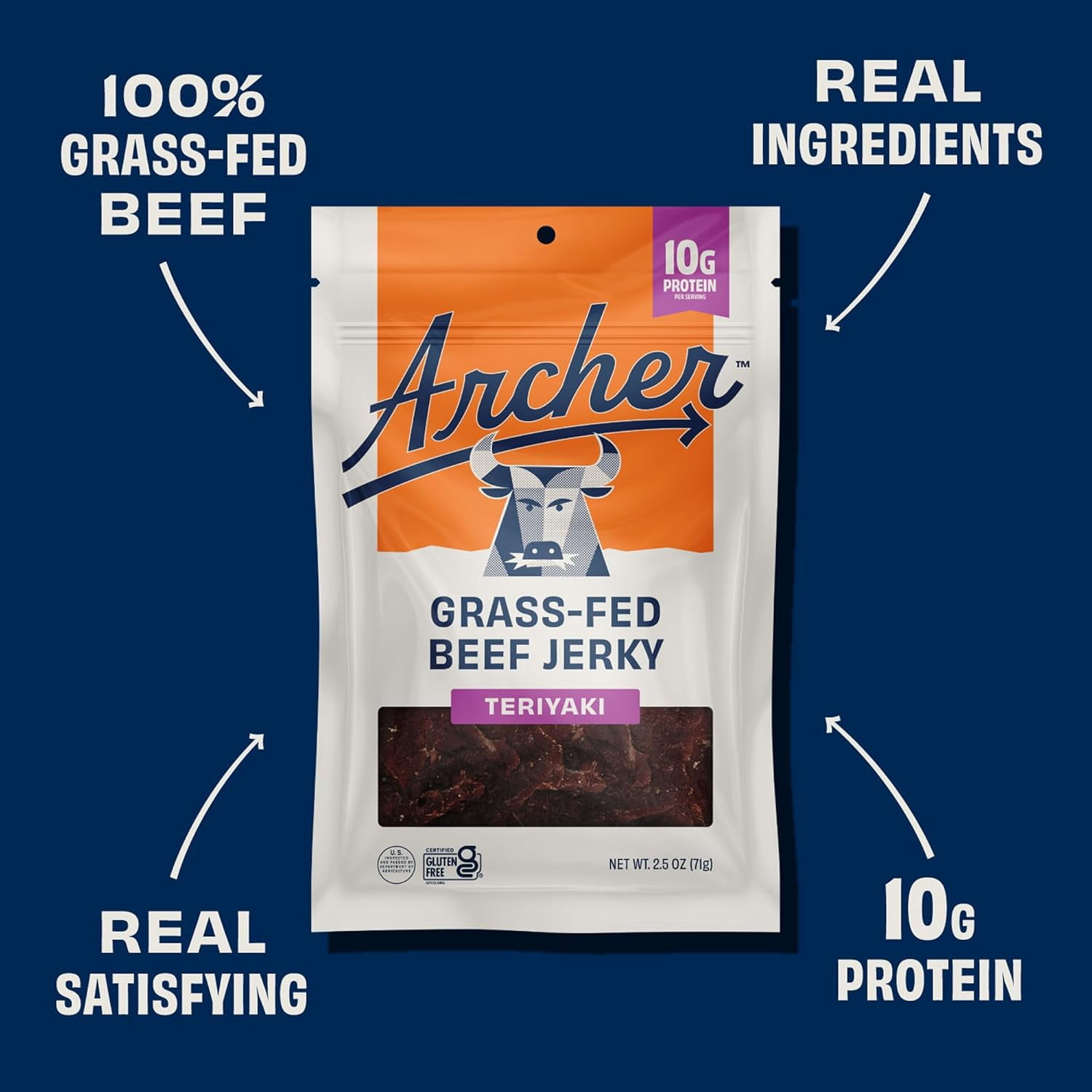 Country Archer Beef Jerky Grass-Fed Teriyaki -- 2.5 oz Pack of 2