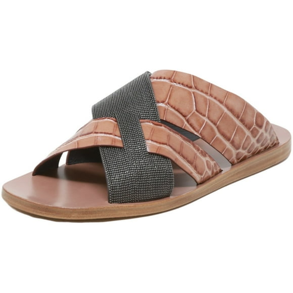 Brunello Cucinelli Women's Lizard-Effect Metallic Sliders Black / Snake Leather Sandal - 7 M