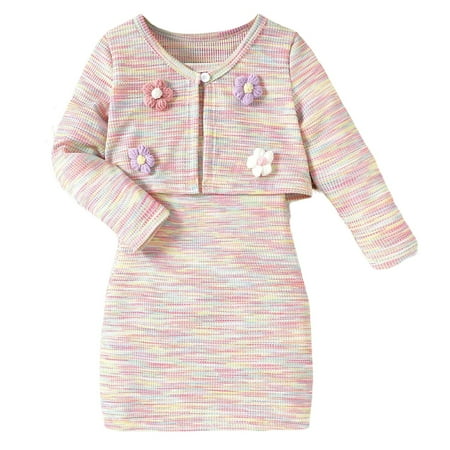 

GEZHEN Kids Toddler Girl Outfits Girls Fall Sweet Knitted Skirt Suit Dress + Long Sleeve Three Flowers Jacket Two Pc Set Winter Fall Clothing Set 5-6 Years