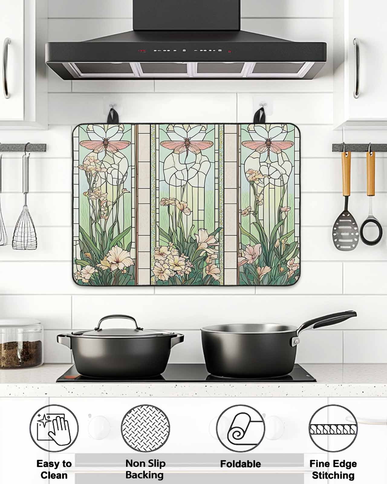 Stove Top Covers for Electric Stove, Butterfly Flowers Glass Stovetop Cover Protector, Vintage Stained Glass Green Spring Induction Cooktop Protector Oven Mat for Kitchen Countertop 24"x21"
