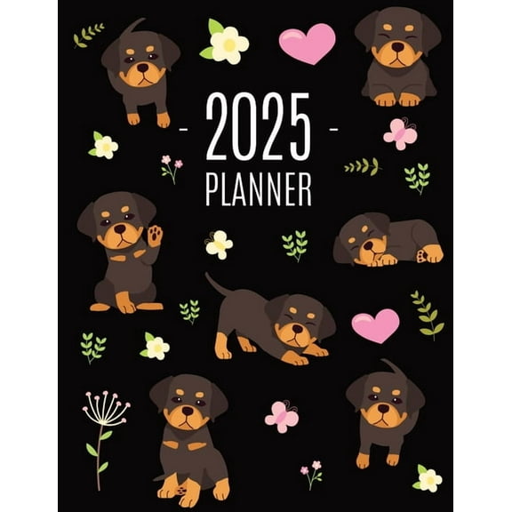 Rottweiler Planner 2025: Organizer: January-December (12 Months) Cute Dog Year Scheduler with Pretty Pink Hearts, (Paperback)