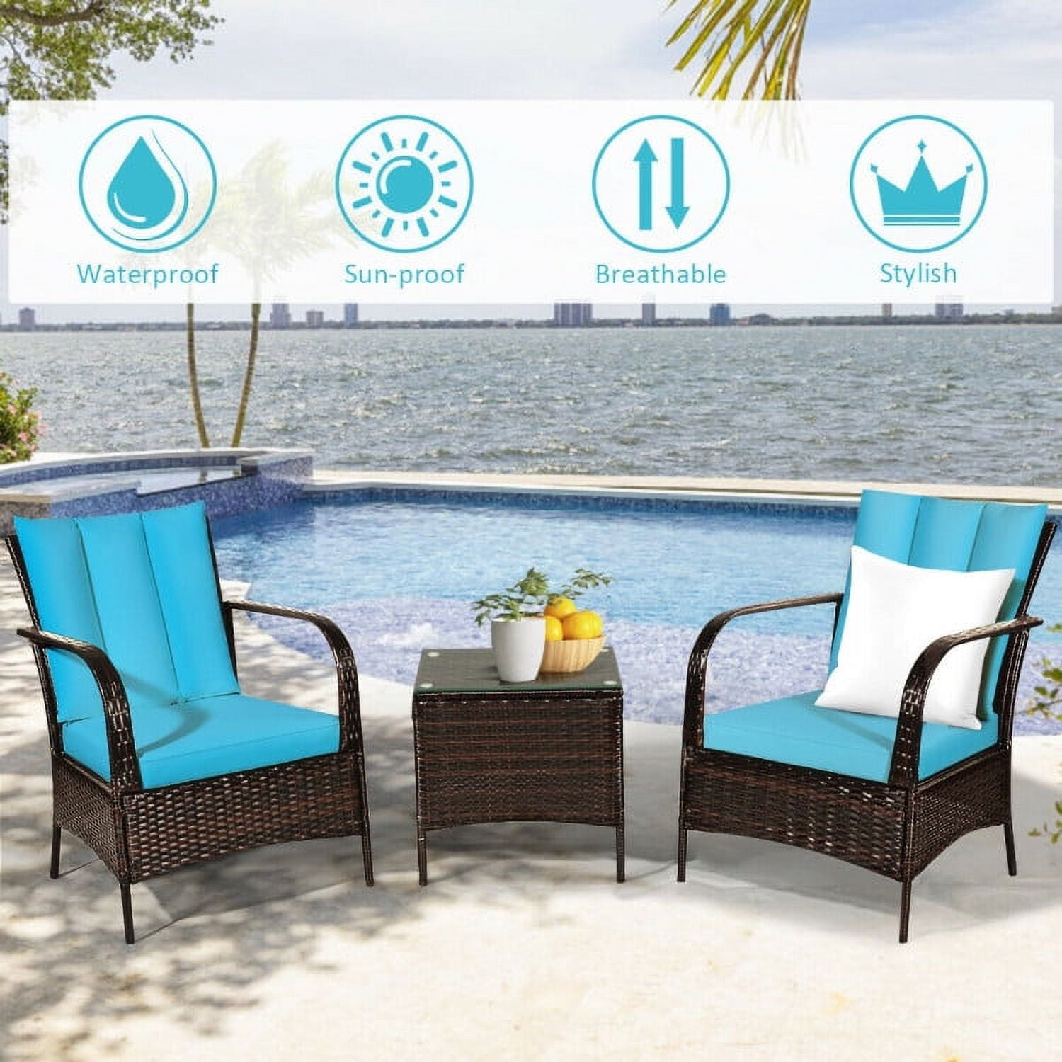 Aimee Lii 3 Pcs Patio Conversation Rattan Furniture Set, Small Patio Set with Glass Top Coffee Table and Cushions, Turquoise