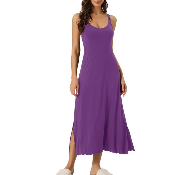 Vestido de pijama para mujer Inspire Chic con tirantes de espagueti, escote redondo, espalda cruzada, camisón largo en morado oscuro