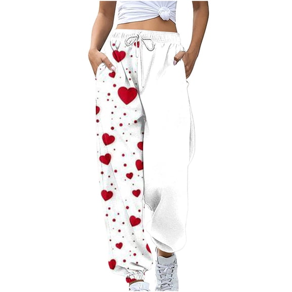 Summer Saving Clearance AXXD White Sweatpants Womens Spring Workout Pocket Loose Sports Drawstring Valentine's Day Printed Pants