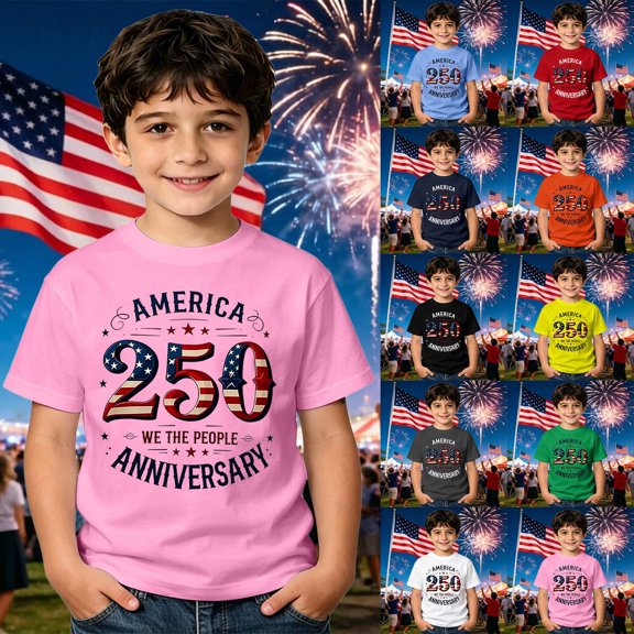 250 Anniversary Usa Tshirt Boys Independence Day Printed Casual Crewneck Short Sleeve Tee Boys 4Th of July Shirt Black 1-2 Years