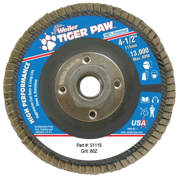 Tiger Paw Coated Abrasive Flap Discs, 4 1/2", 80 Grit, 5/8 Arbor, Phenolic Back
