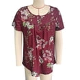 thumbnail image 1 of Camiseta de verano para mujer, blusas informales plisadas con ribete de botones delanteros de manga corta para uso diario, floral rojo vino XL, 1 of 2
