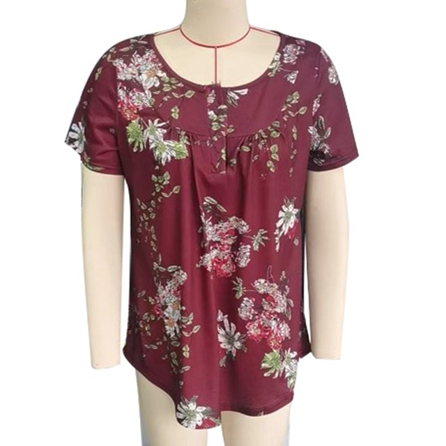 Camiseta de verano para mujer, blusas informales plisadas con ribete de botones delanteros de manga corta para uso diario, floral rojo vino XL