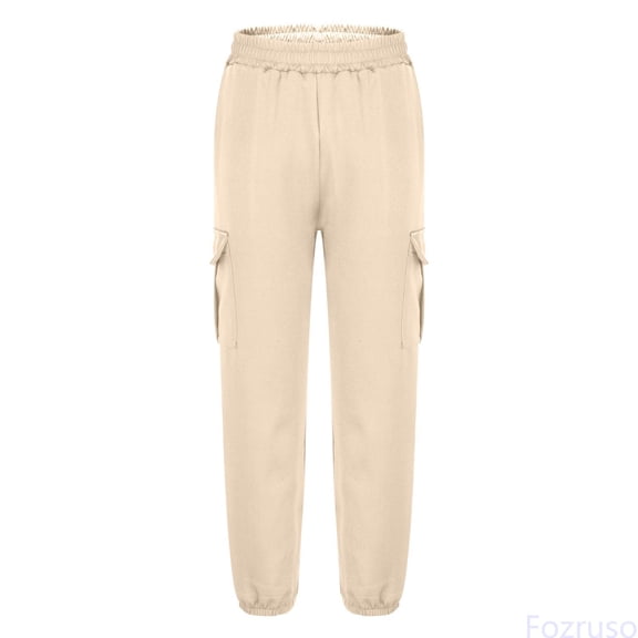 Fozruso Boys Cargo Jogger Pants Fashion Casual Tapered Ankle Pants For Big Kids Youth Pure Color Loose Fit Comfortable Outdoor School Wear Kids Cargo Pants Sizes 8-9 Years(Beige)
