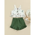 thumbnail image 2 of Chollius Toddler Baby Girl Summer Set Square Neck Floral Suspender Buttoned Sleeveless Top Solid Color Ruffle Elastic Waist Shorts Outfits, 2 of 8