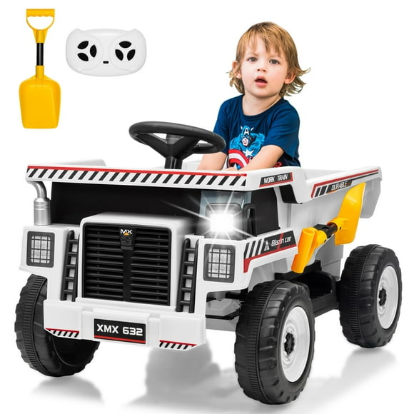 BeesClover 12V Kids Ride on Dump Truck with Remote Control, Electric Dump Bed & Shovel, Toddler Construction Vehicle Ride on Toy with Spring Suspension, Music, and LED Lights