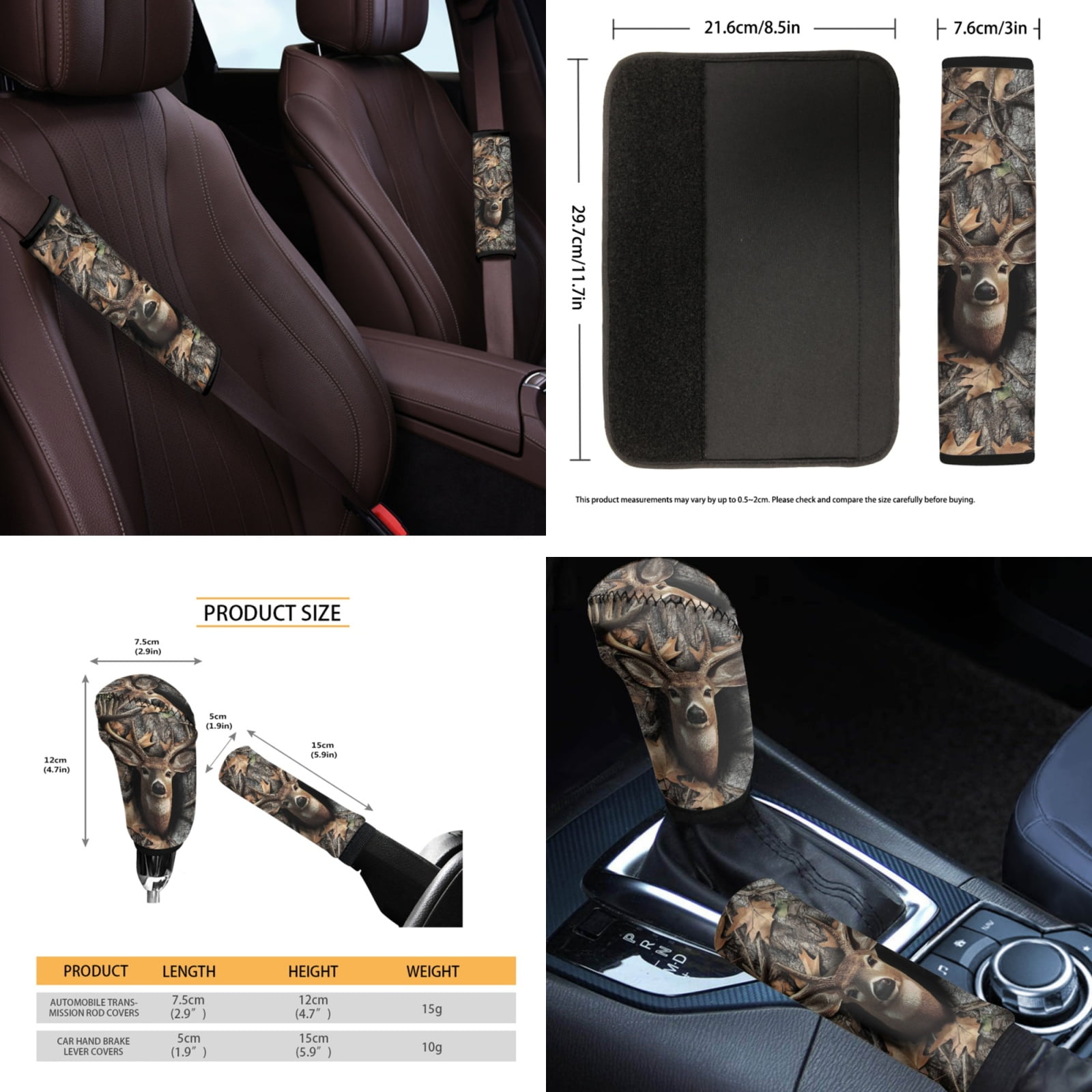 Yuyamidu Deer Front Rear Car Seat Covers Full Set Camo Hunting Steering Wheel Cover Seat Belt Pads Coasters Waste Bin Armrest Cover Cup Holders Rearview Mirror Cover Handbrake Cover Set, 14 Pack
