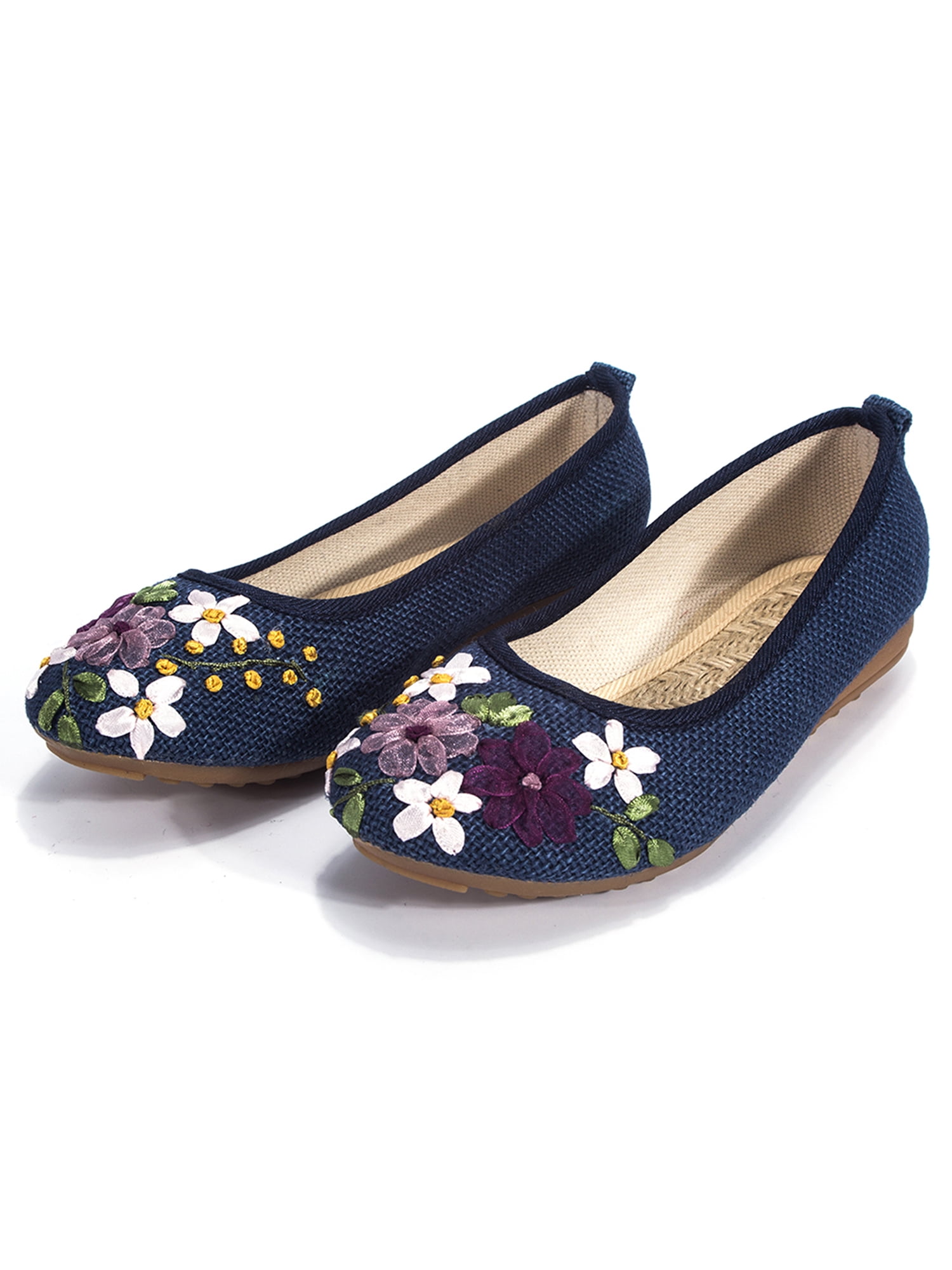 Embroidery Chinese Women Slip On Loafers Cotton Linen Nurse Square Dance Shoes 