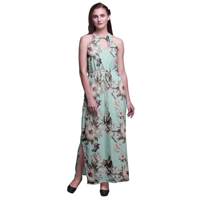 Bimba Robe Maxi à Imprimé avec Fentes Latérales, Col Rond, Taille Élastique, pour Femmes, Été, Très Petit