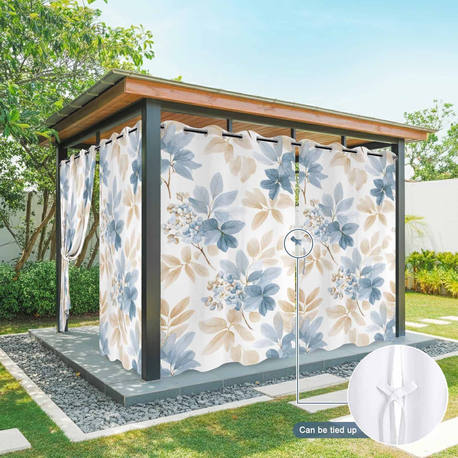 Gray Blue Brown Leaves Outdoor Curtains for Patio, Watercolor Botanical Floral Sunshade Privacy Drapes Grommet Waterproof Outside Curtains for Porch/Cabana/Balcony 54"x 108", 1 Panel