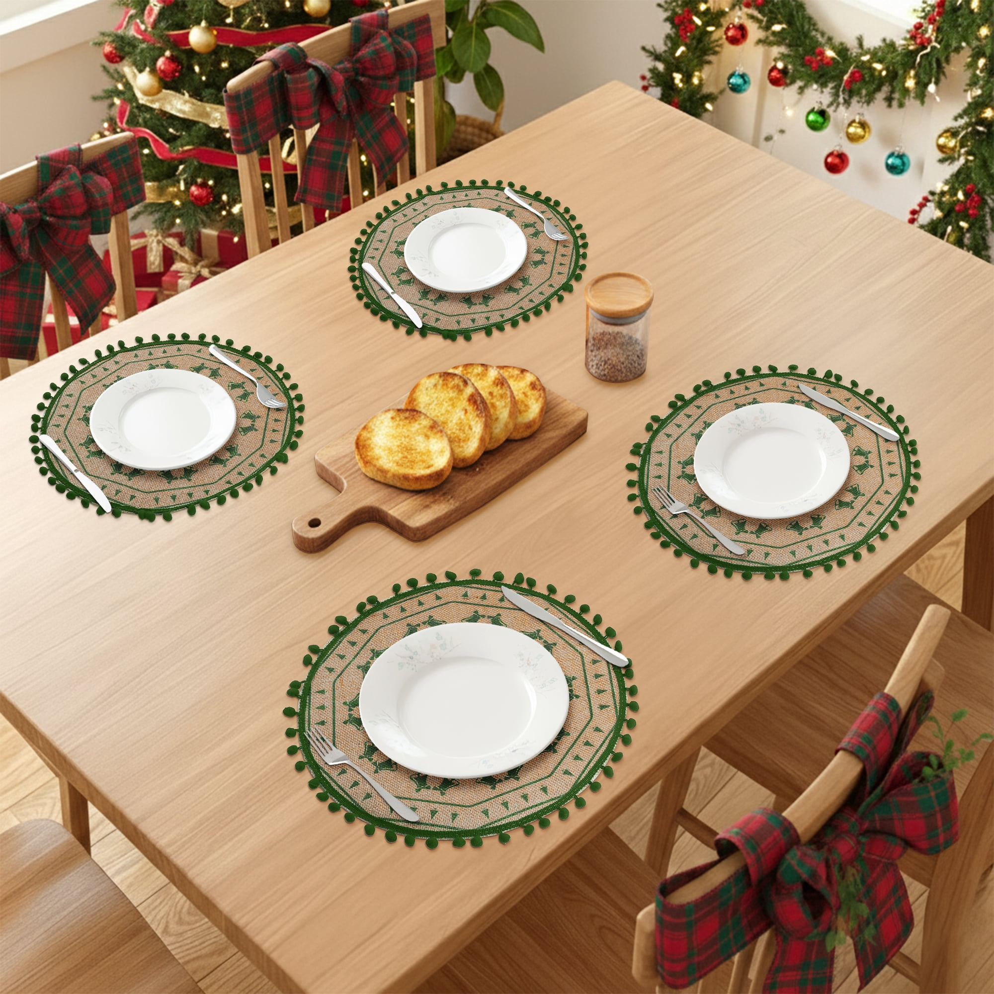 Unique Bargains Set of 6 Round Farmhouse Placemats for Dining Table Decor Green