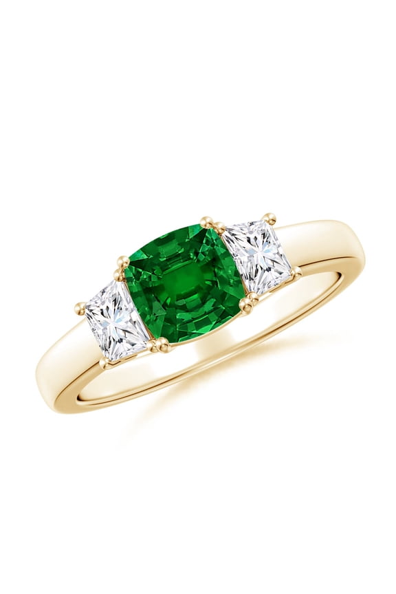 Cushion Lab Grown Emerald & Trapezoid Diamond Three Stone Engagement Ring in 14K Yellow Gold for Women (Size-6mm) | May Birthstone, Anniversary, Jewelry Gift for Women | Lab Grown Emerald Ring